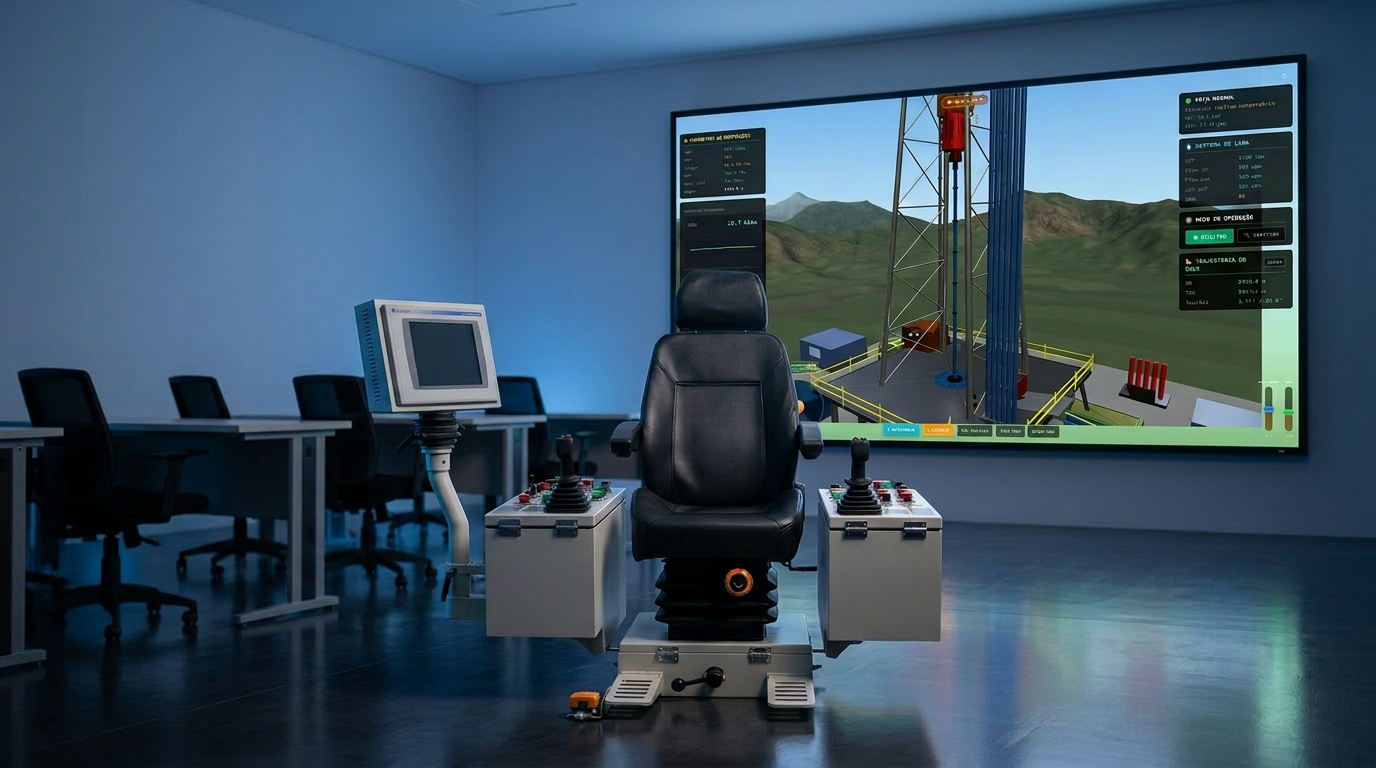 Driller's CyberChair — empty classroom showing the full hardware setup and 3D wall display.